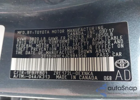 2018 Toyota Corolla Le из США, поврежденный, VIN 2T1BURHE4JC984956